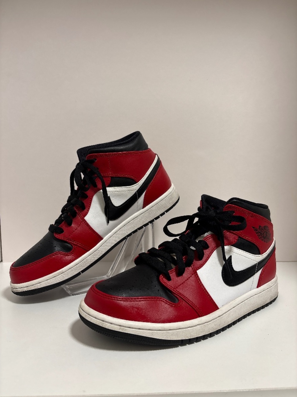 Jordan 1 Mid Chicago Toe in black, white and gym red (mens 8.5/womens 10)